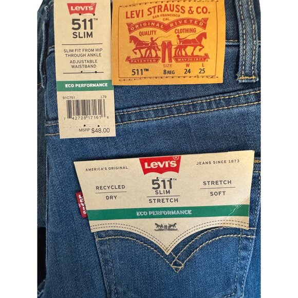 NWT Levis 511 Slim Fit Boys 8 Jeans 24X25 NWT Stretch Eco Performance Denim Blue - Picture 2 of 14
